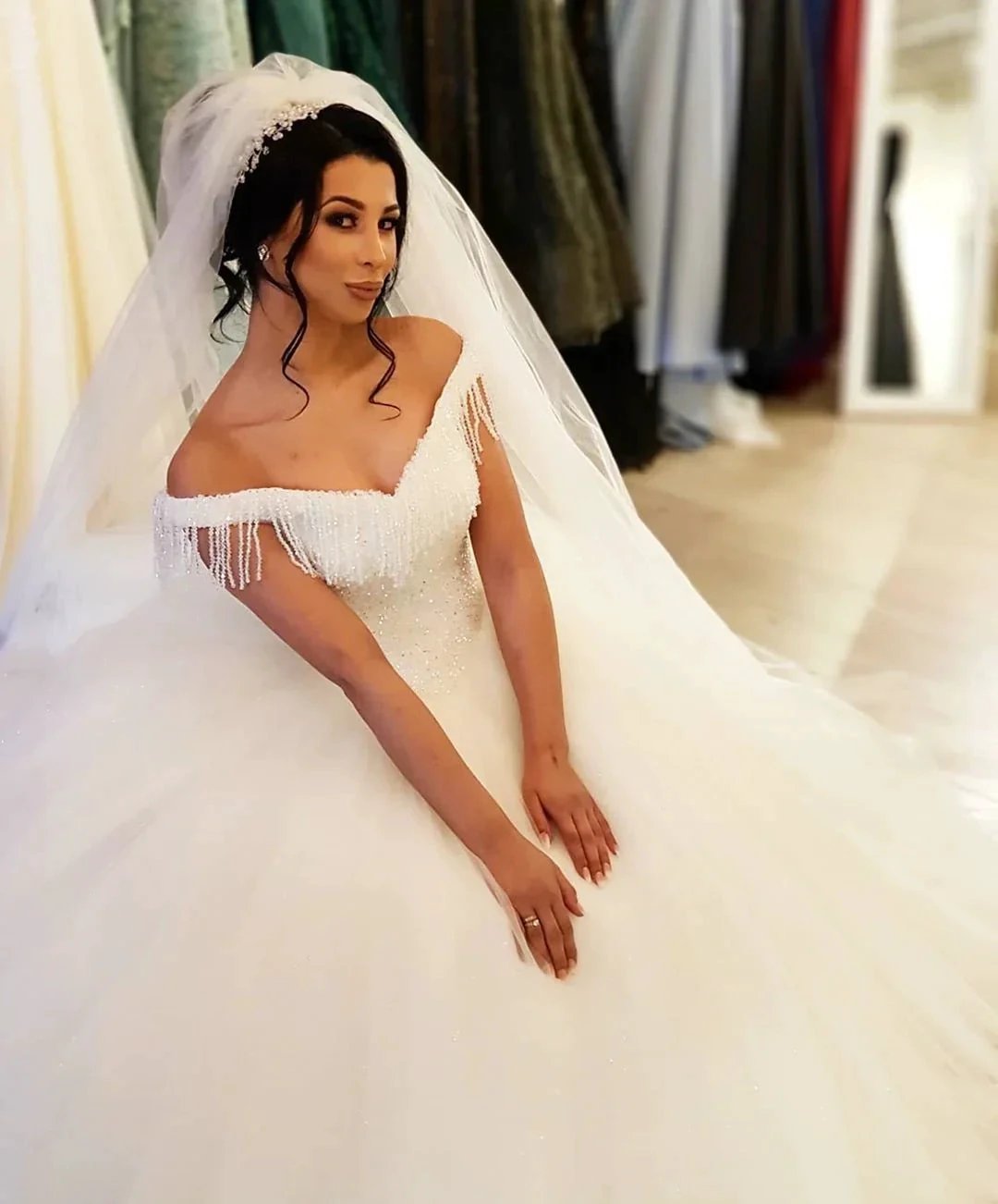 Long Princess Off-the-shoulder Beading Backless Tulle Wedding Dress With Tassel (ZD15128)