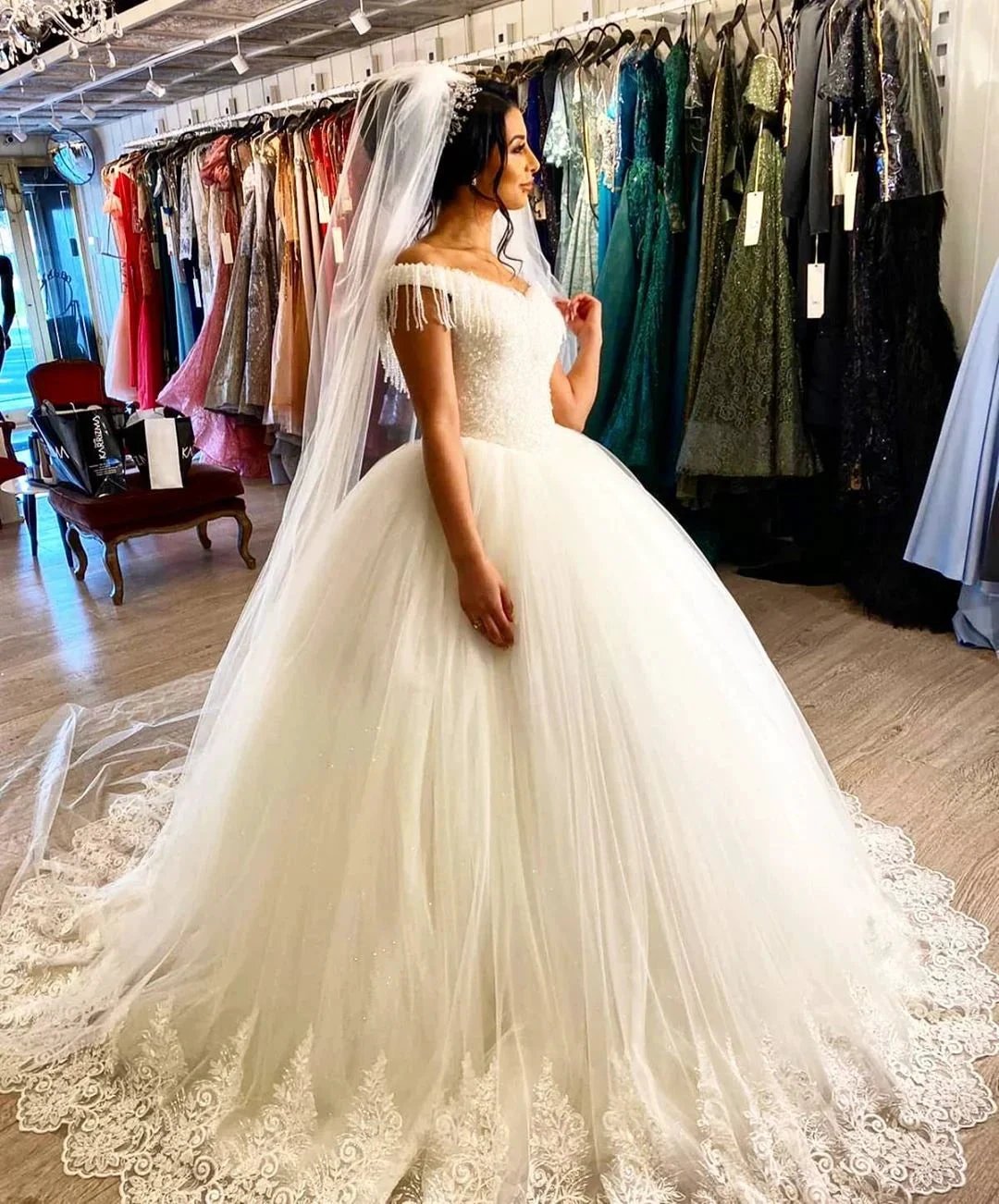Long Princess Off-the-shoulder Beading Backless Tulle Wedding Dress With Tassel (ZD15128)