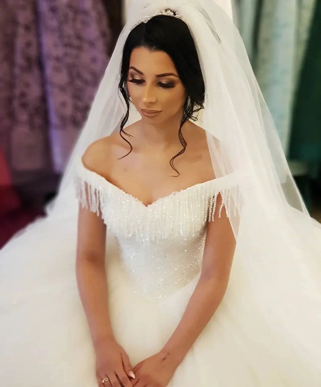 Long Princess Off-the-shoulder Beading Backless Tulle Wedding Dress With Tassel (ZD15128)
