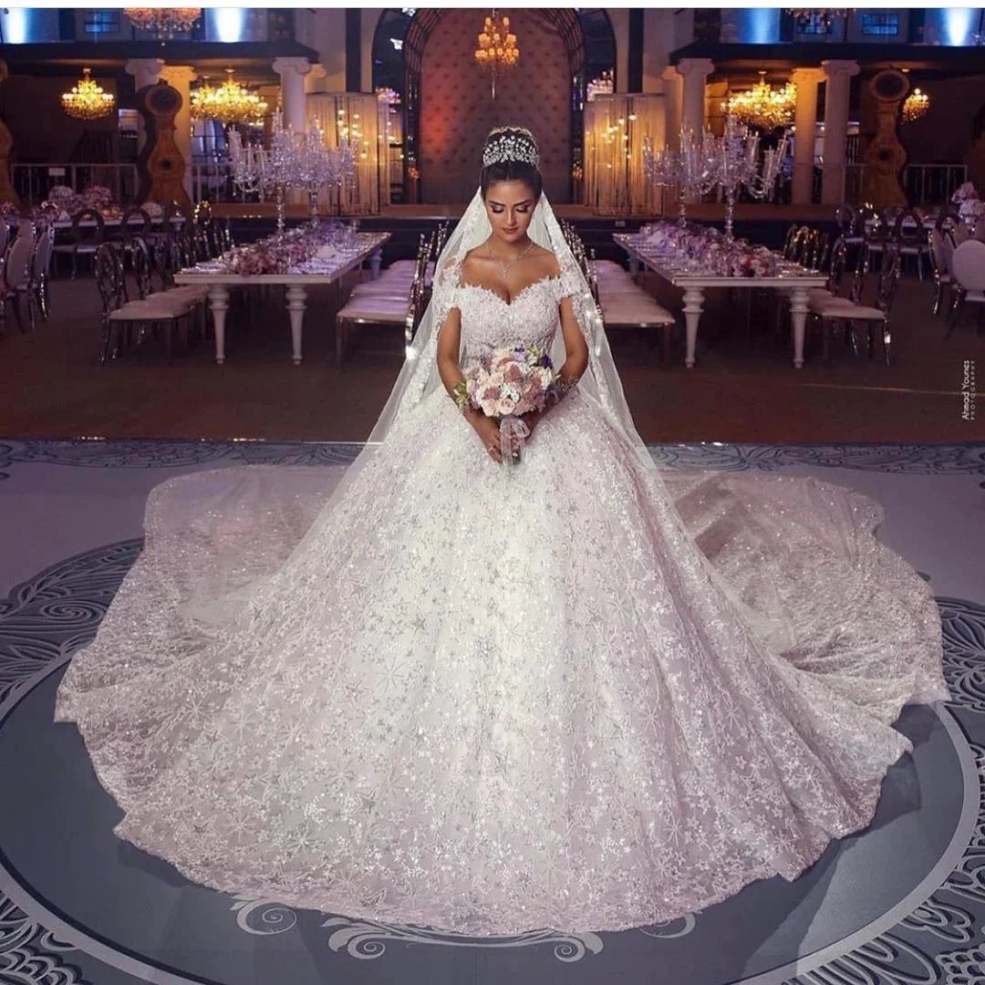 Long Princess Off-the-shoulder Lace Wedding Dress (ZD15047)