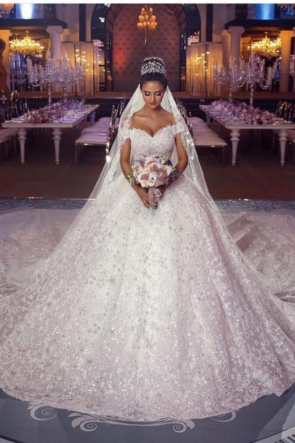 Long Princess Off-the-shoulder Lace Wedding Dress (ZD15047)