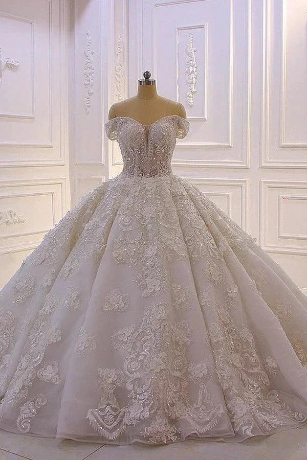Long Princess Sweetheart Off-the-Shoulder Backless Appliques Lace Ruffles Tulle Wedding Dress (ZD15111)