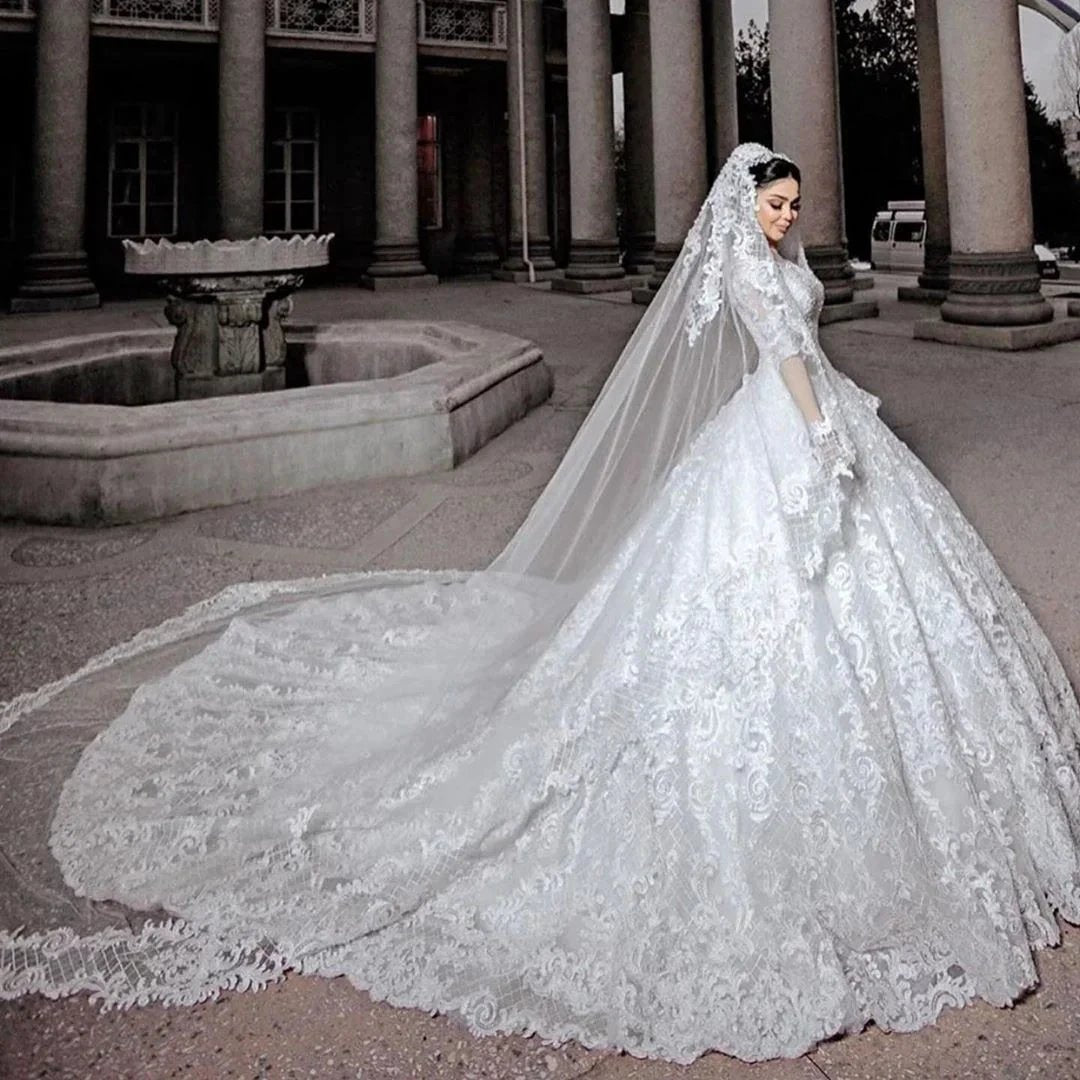 Long Princess Tulle Beads Appliques Lace Wedding Dress with Sleeves (ZD15145) - View 2 | VelvetHem