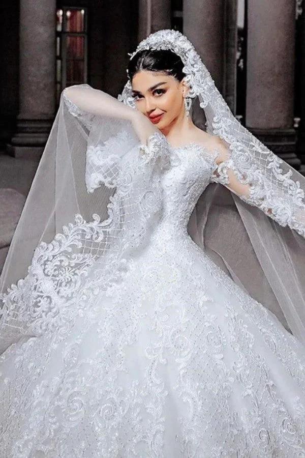 Long Princess Tulle Beads Appliques Lace Wedding Dress with Sleeves (ZD15145)