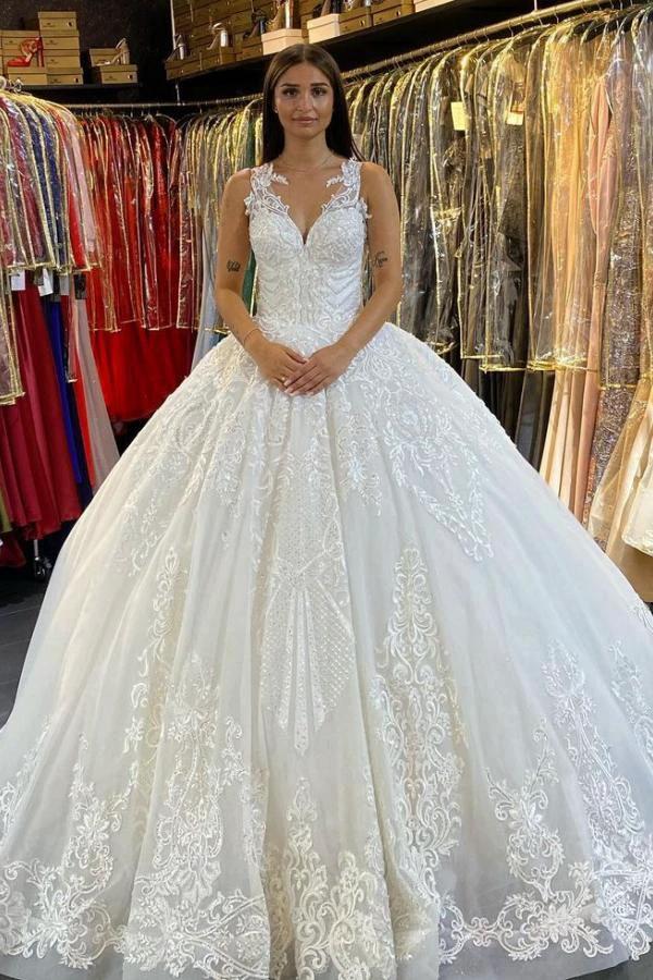 Long Princess V-neck Appliques Lace Backless Wedding Dress (ZD15062)
