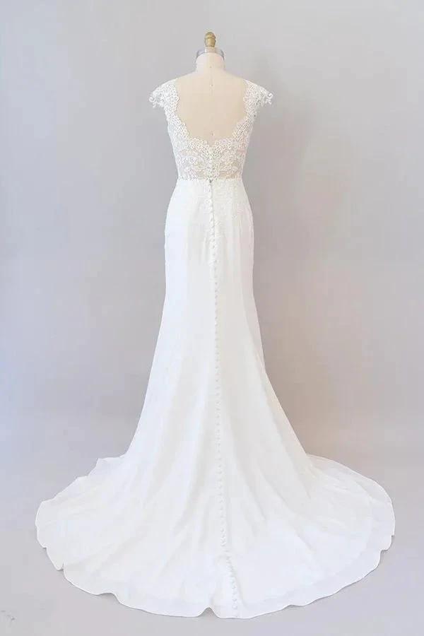 Long Sheath  Illusion Lace Wedding Dress with Cap Sleeve (ZD14379)
