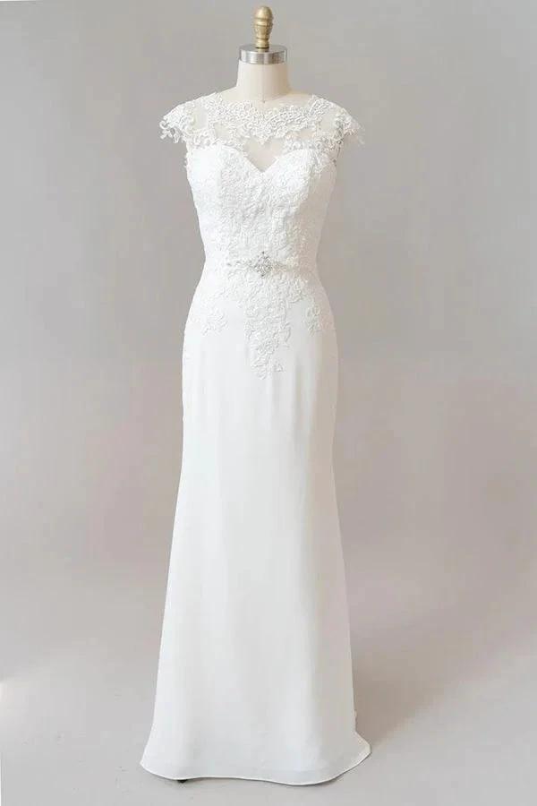 Long Sheath  Illusion Lace Wedding Dress with Cap Sleeve (ZD14379)