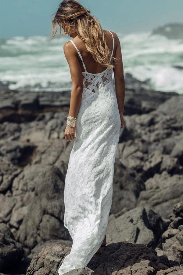 Long Sheath Spaghetti Straps Lace Beach Wedding Dresses (ZD16375)
