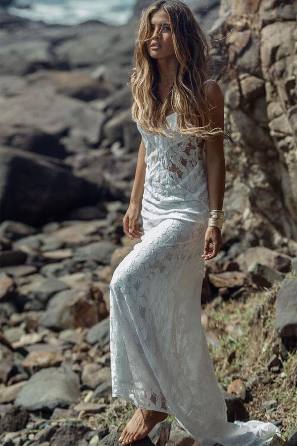 Long Sheath Spaghetti Straps Lace Beach Wedding Dresses (ZD16375)