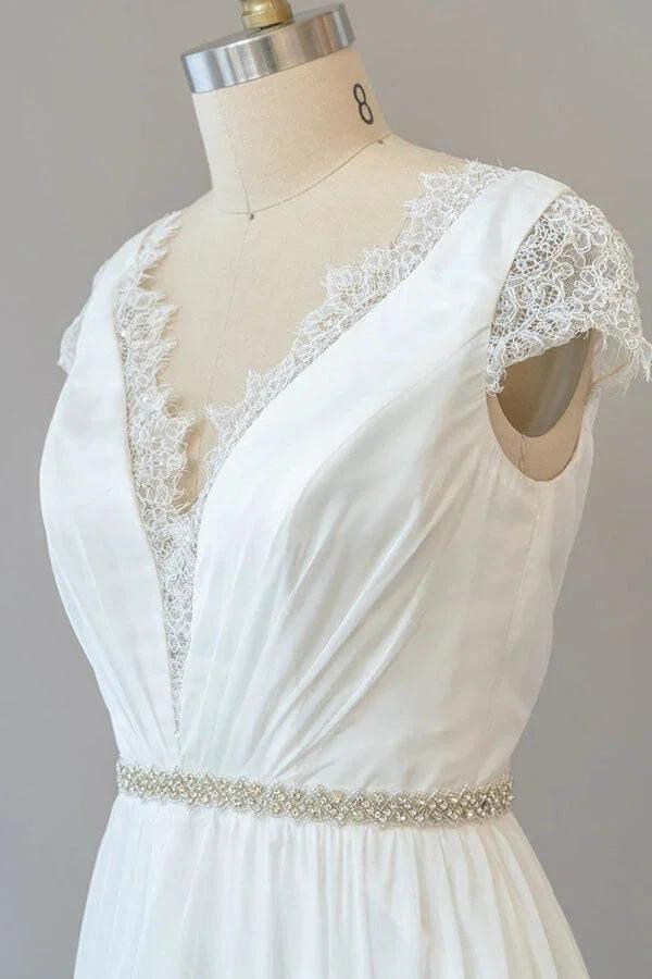 Long Sheath V-neck Lace Chiffon Wedding Dress with Cap Sleeves (ZD14382)