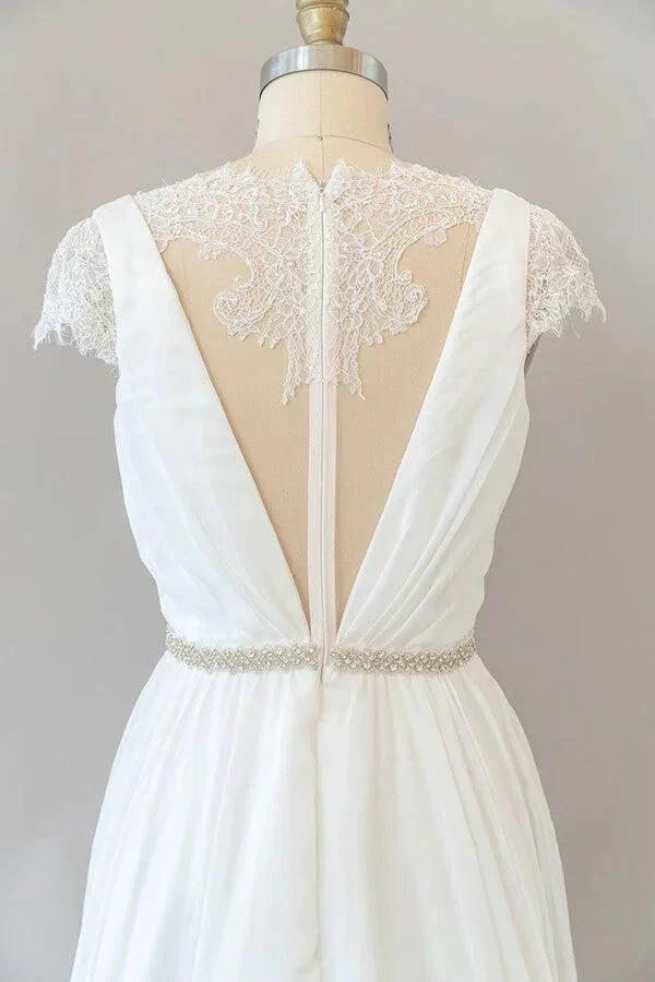 Long Sheath V-neck Lace Chiffon Wedding Dress with Cap Sleeves (ZD14382)