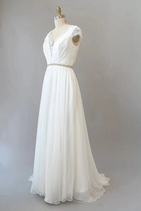Long Sheath V-neck Lace Chiffon Wedding Dress with Cap Sleeves (ZD14382)