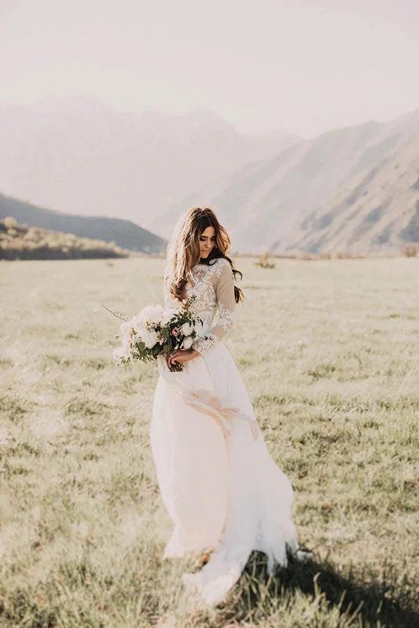 Long Sleeve A-line Appliques Lace Chiffon Wedding Dress (ZD14451)