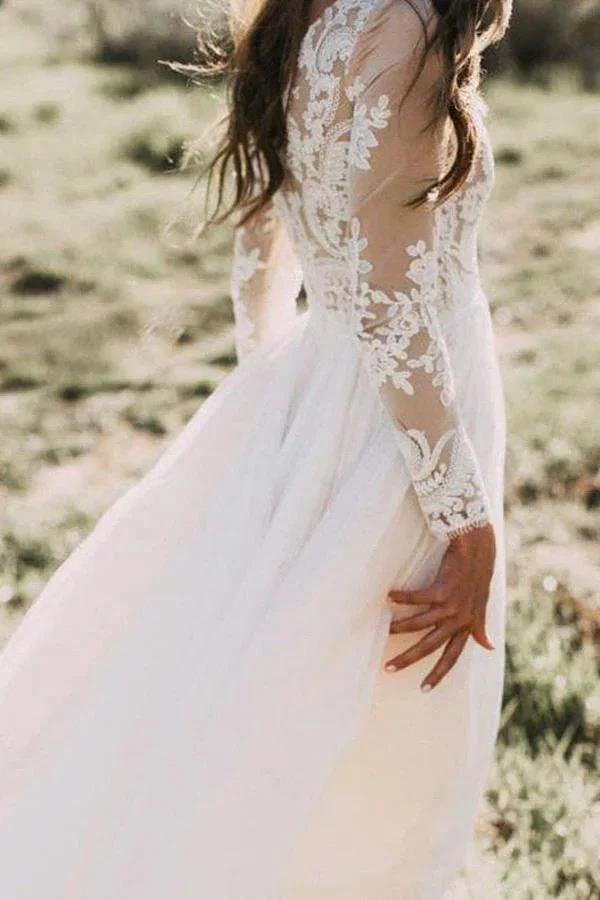 Long Sleeve A-line Appliques Lace Chiffon Wedding Dress (ZD14451)