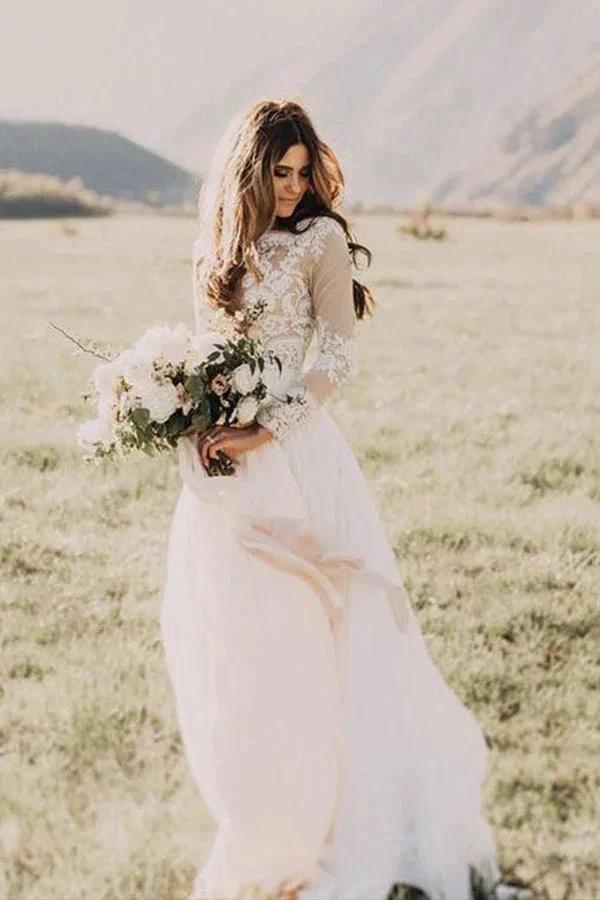 Long Sleeve A-line Appliques Lace Chiffon Wedding Dress (ZD14451)