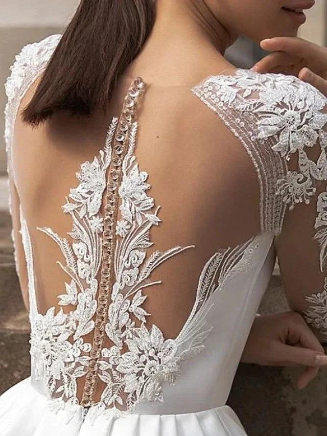 Long Sleeve A-Line Jewel Neck Sweep Brush Train Lace Satin Wedding Dresses with Pockets (ZD15953)