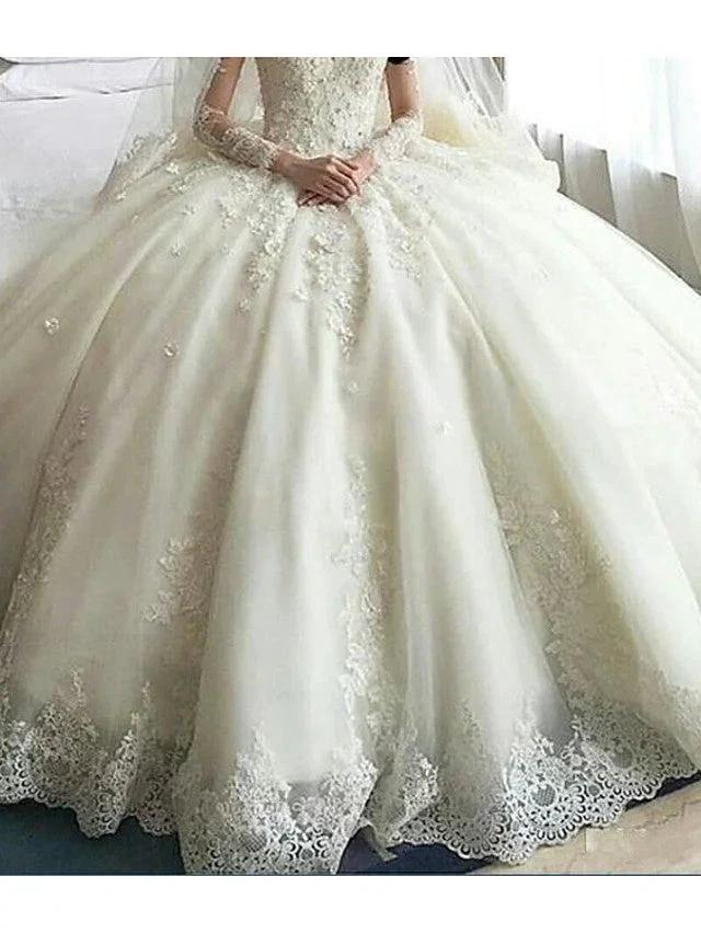 Long Sleeve A-Line Scoop Neck Court Train Organza Wedding Dresses (ZD15946)