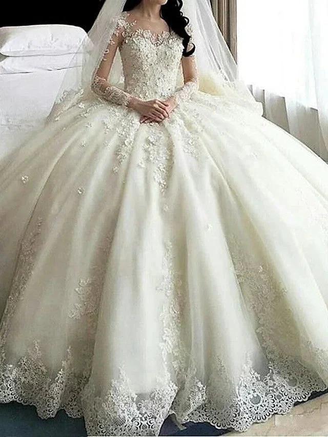 Long Sleeve A-Line Scoop Neck Court Train Organza Wedding Dresses (ZD15946)