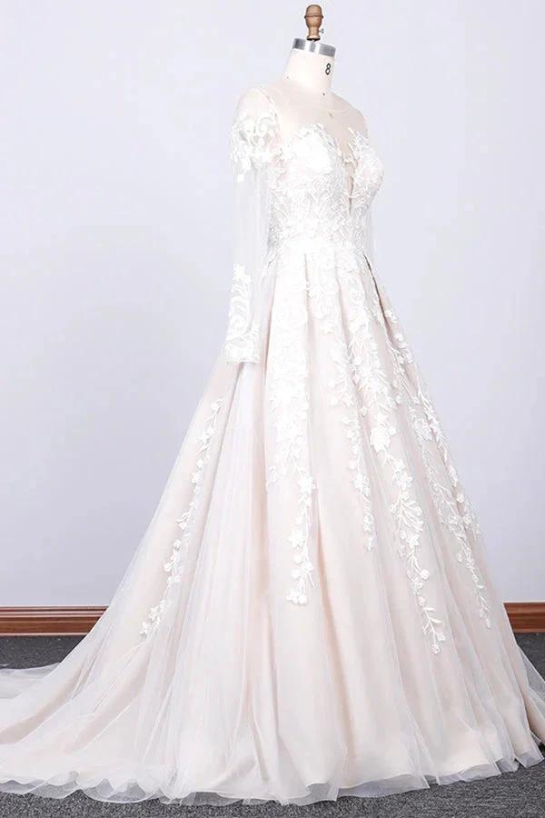 Long Sleeve Appliques Lace Tulle A-line Wedding Dress (ZD14427)