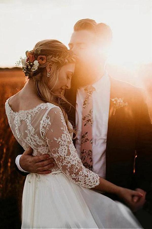 Long Sleeve Bateau See-through Bodice A-line Wedding Dress (ZD15337)