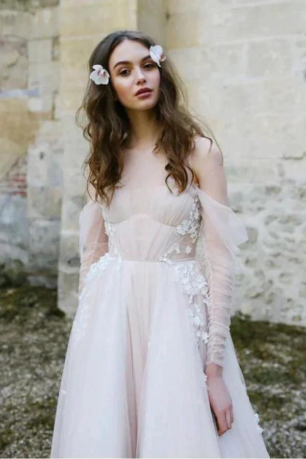 Long Sleeve Beach Wedding Dresses Cold Shoulder Boho Rustic Wedding Dress (ZD15314)