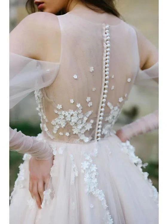 Long Sleeve Beach Wedding Dresses Cold Shoulder Boho Rustic Wedding Dress (ZD15314)