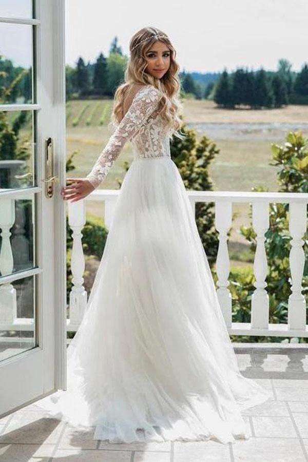 Long Sleeve Ivory Tulle See Through Backless Wedding Dresses (ZD16312)