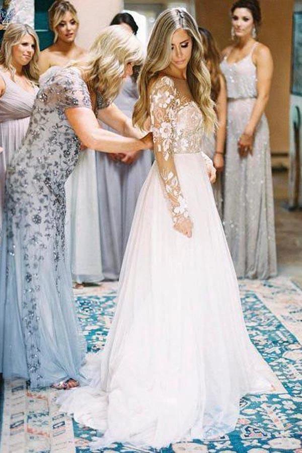 Long Sleeve Ivory Tulle See Through Backless Wedding Dresses (ZD16312)