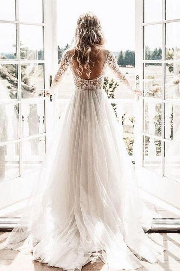 Long Sleeve Ivory Tulle See Through Backless Wedding Dresses (ZD16312)