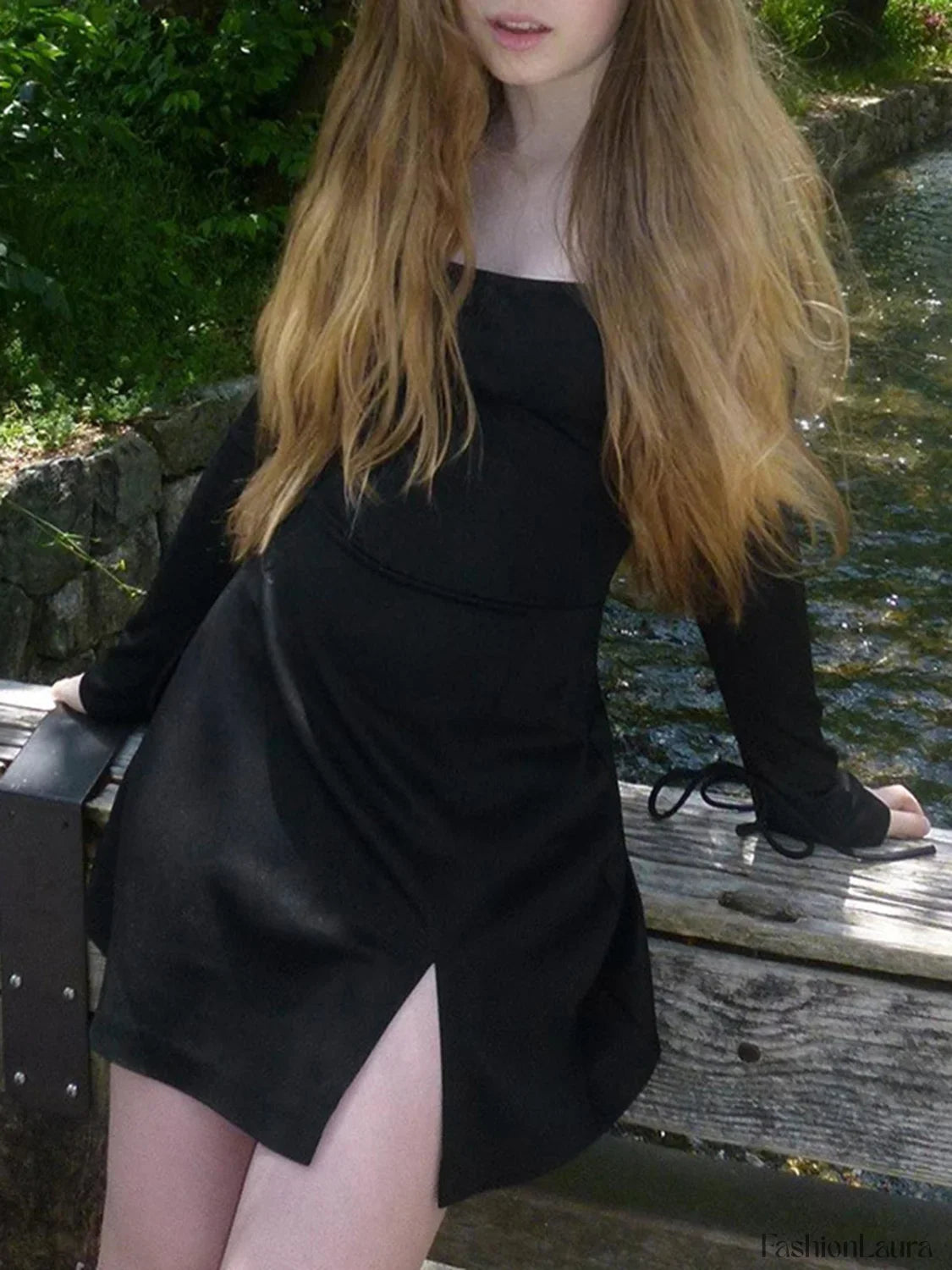 Long Sleeve Split Trendy Tie Short Dress