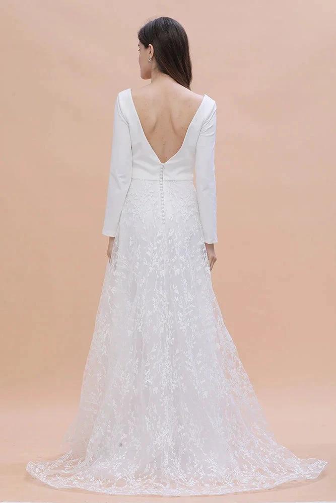 Long Sleeve V-neck Boho Bridal Gowns Satin Backless Lace Wedding Dress (ZD14453)