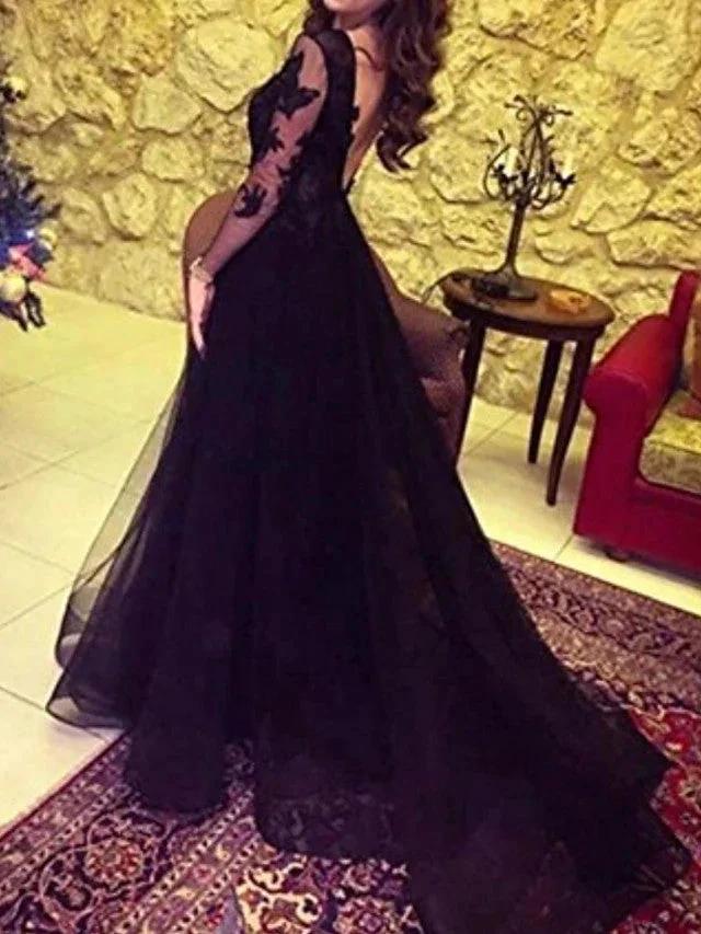 Long Sleeves A-Line Bateau Neck Sweep Brush Train Lace Prom Dresses with Slit (ZD15931) - View 2 | VelvetHem