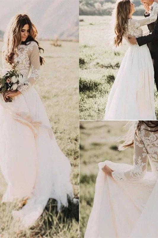 Long Sleeves Applique Tulle Scoop Wedding Dress (ZD13793)