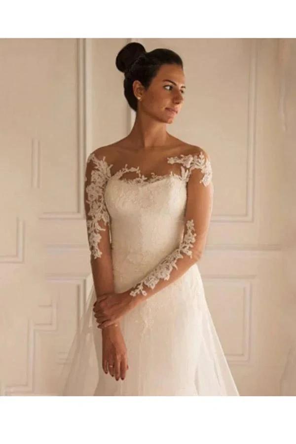 Long Sleeves Appliques Button Floor-Length Mermaid Wedding Dress (ZD15453)