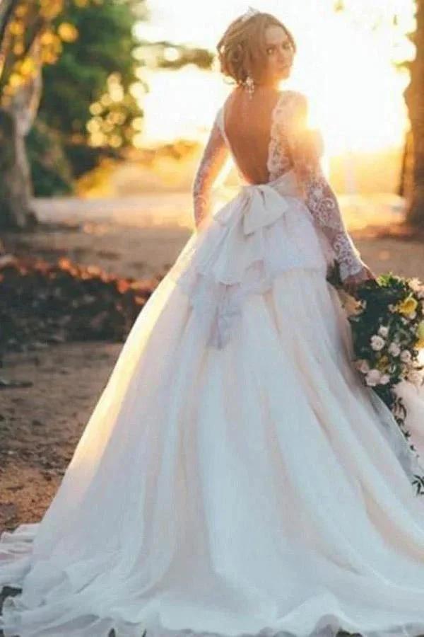 Long Sleeves Ball Gown Organza Wedding Dress with Beading Lace Top (ZD15452)