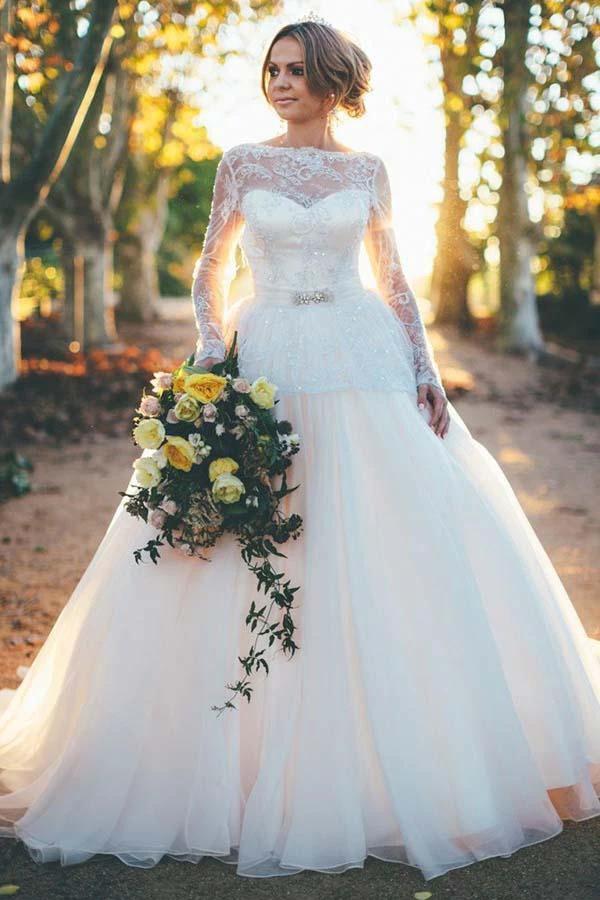 Long Sleeves Ball Gown Organza Wedding Dress with Beading Lace Top (ZD15452)