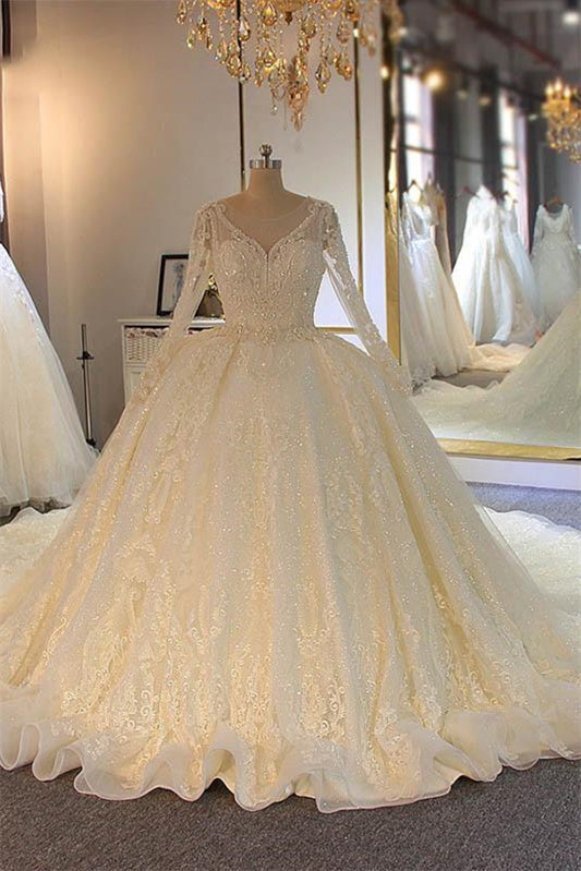 Long Sleeves Ball Gown Wedding Dress With Lace Appliques (ZD17502) - VelvetHem
