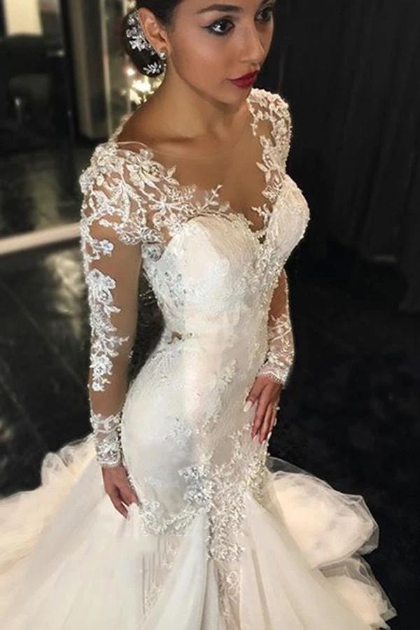 Long Sleeves Court Train  Ivory Wedding Dress With Lace Appliques (ZD16306)