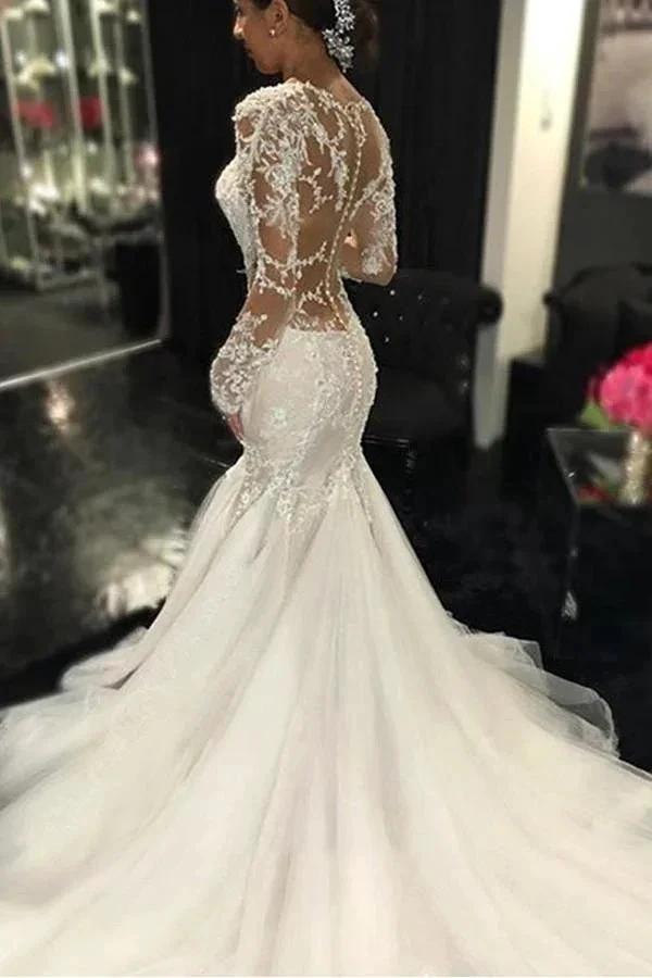 Long Sleeves Court Train  Ivory Wedding Dress With Lace Appliques (ZD16306)
