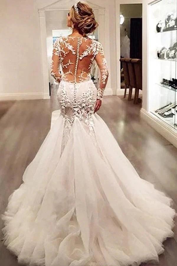 Long Sleeves Court Train  Ivory Wedding Dress With Lace Appliques (ZD16306)