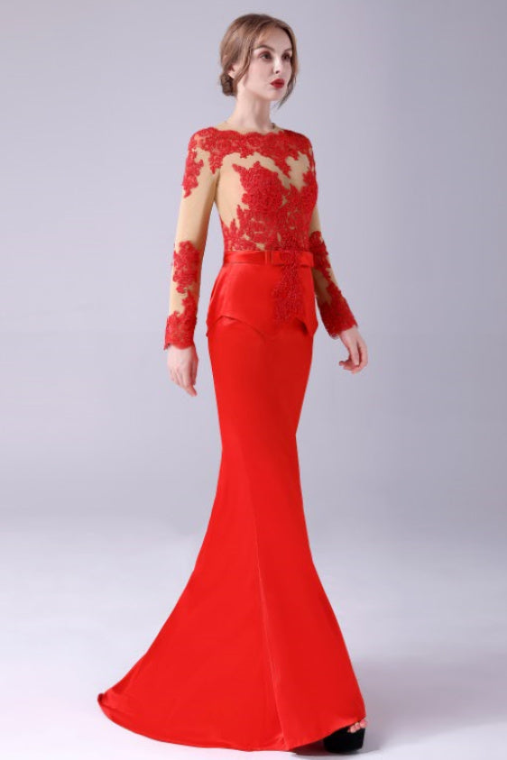 Long sleeves Jewel lace Mermaid Floor-Length mother's dress