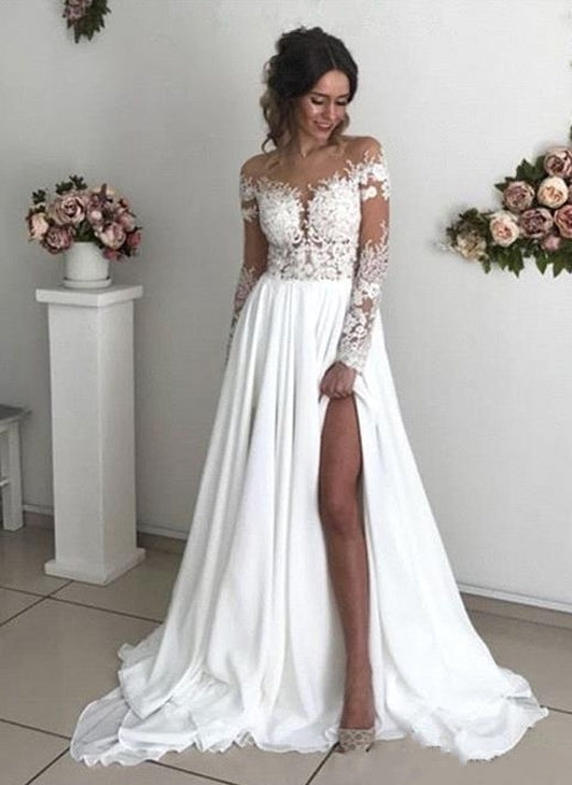 Long Sleeves Lace Beach Wedding Dress With Split Chiffon Bridal Gowns (ZD17508)