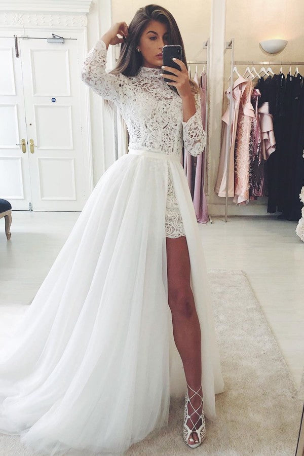 Long Sleeves Lace Wedding Dress With Tulle Removable Skirt (ZD17505)
