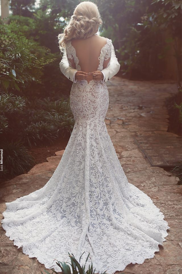 Long Sleeves Mermaid Lace Wedding Dress Modern Open Back V-Neck Classic Bridal Gown