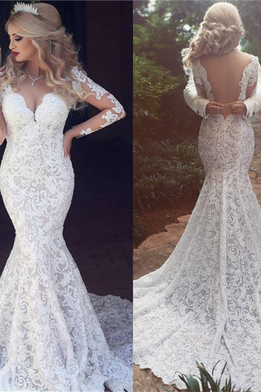 Long Sleeves Mermaid Lace Wedding Dress Modern Open Back V-Neck Classic Bridal Gown