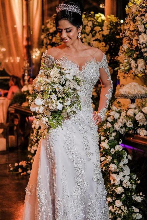 Long Sleeves Mermaid Off-the-shoulder Tulle Wedding Dress with Appliques Lace (ZD15012)