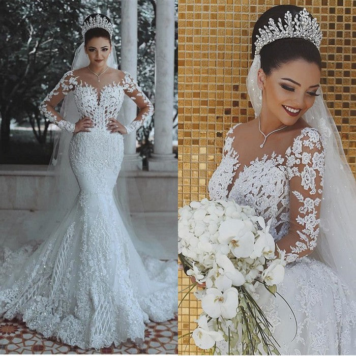 Long Sleeves Mermaid Wedding Dress With Lace Appliques (ZD17504)