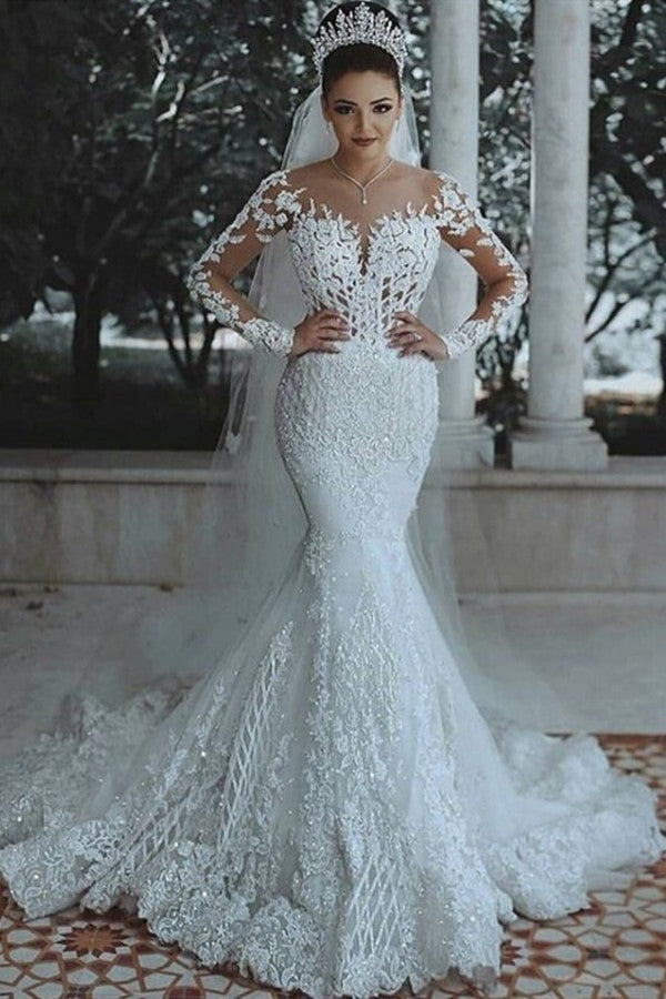 Long Sleeves Mermaid Wedding Dress With Lace Appliques (ZD17504)