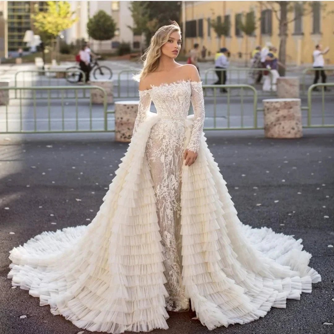 Long Sleeves Off the Shoulder Mermaid Wedding Dress With Train (ZD14321)