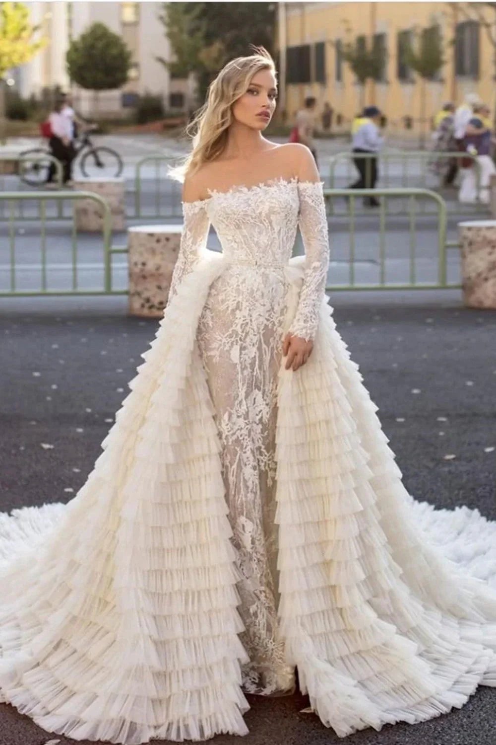 Long Sleeves Off the Shoulder Mermaid Wedding Dress With Train (ZD14321)